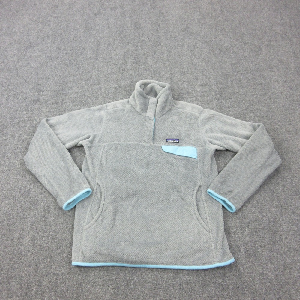 Patagonia Fleece Pullover Womens Medium Gray Blue Trim Kangaroo Pocket Jacket